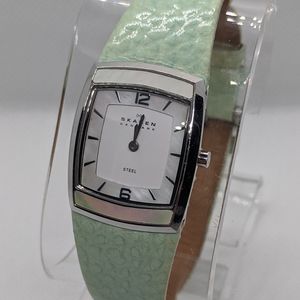 Skagen Ladies Mother of Pearl Mint Watch Leather